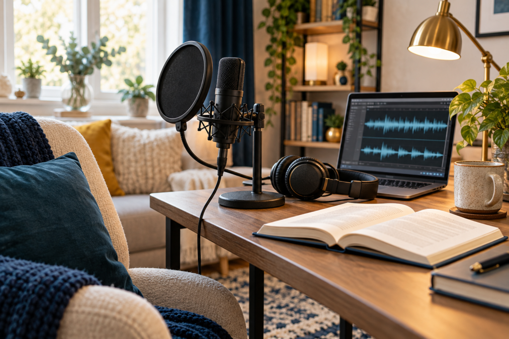 Home audiobook recording desk with microphone, pop filter, headphones and laptop