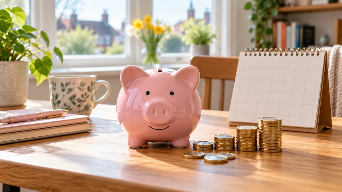 Piggy bank and coins beside a blank calendar