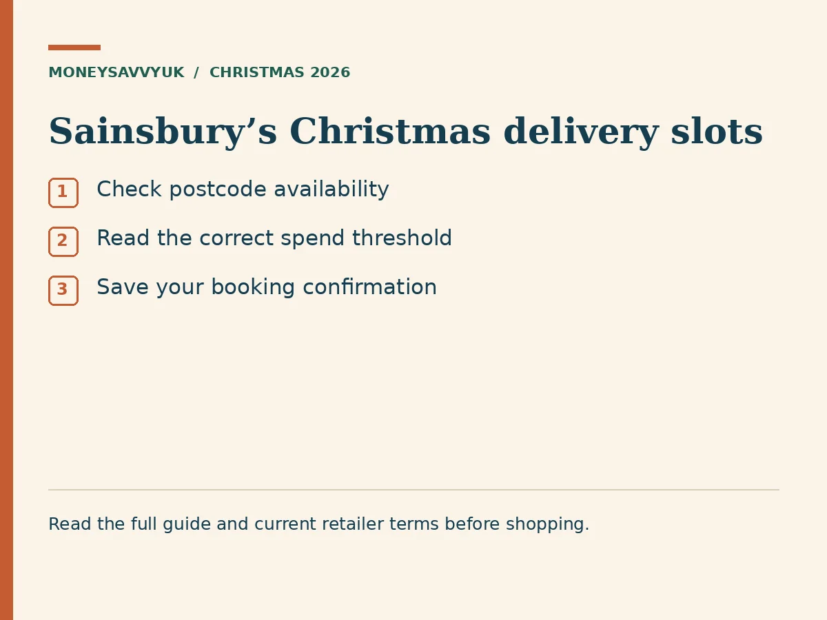 Sainsbury’s Christmas delivery slots: Check postcode availability; Read the correct spend threshold; Save your booking confirmation