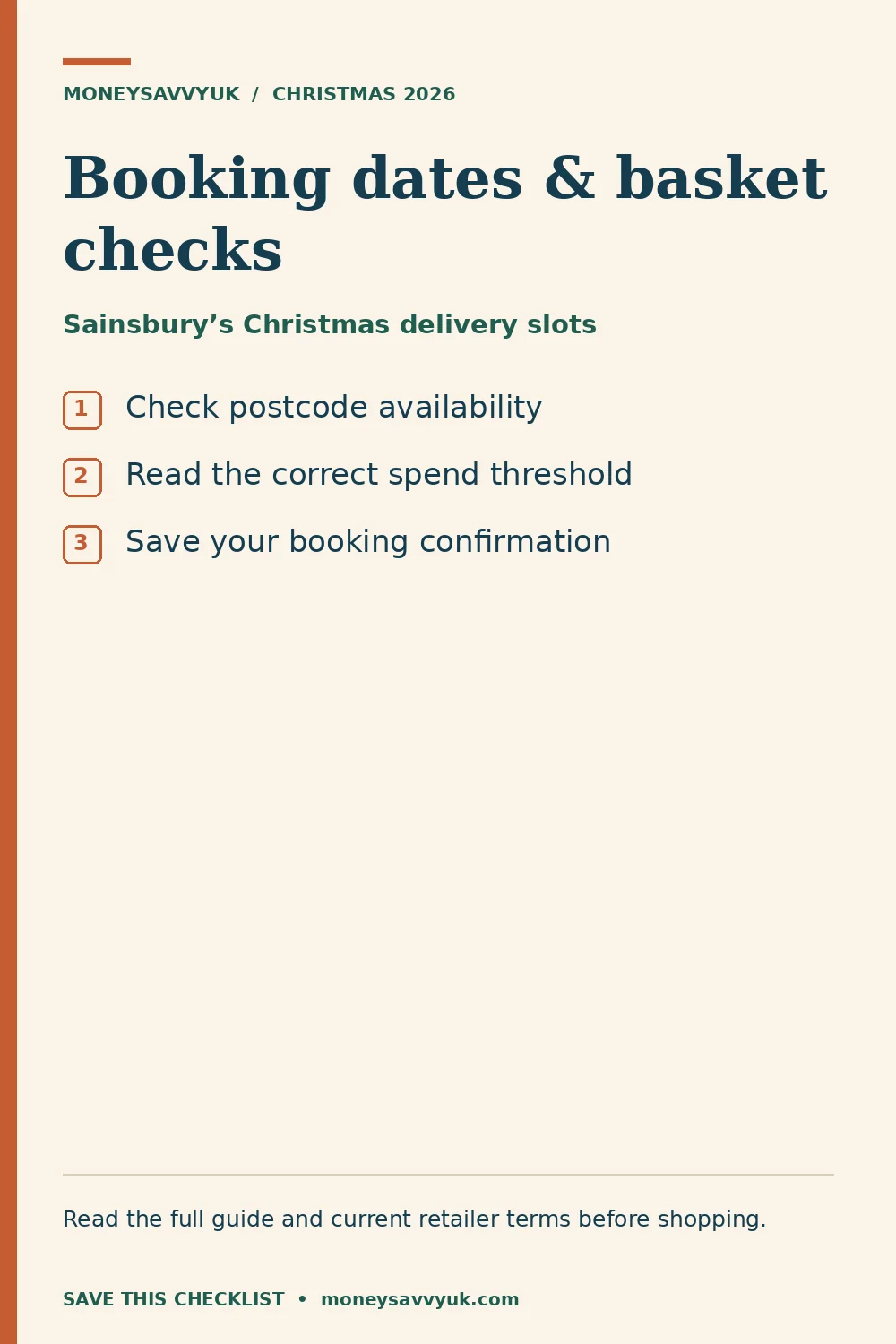 Sainsbury’s Christmas delivery slots: Check postcode availability; Read the correct spend threshold; Save your booking confirmation