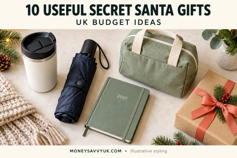 Practical Secret Santa gift ideas including a travel mug, umbrella, diary and lunch bag; AI-generated illustrative styling