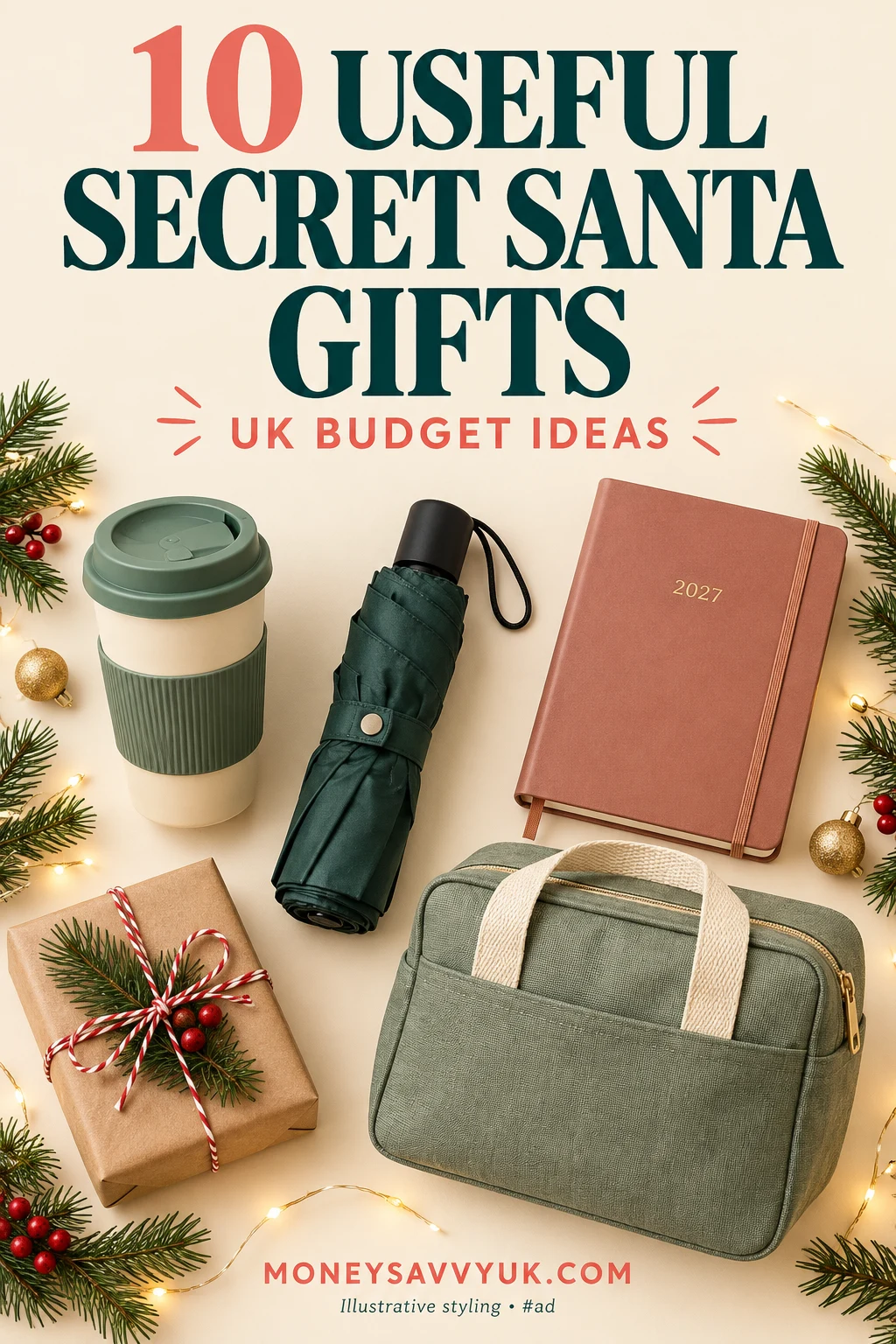 Practical Secret Santa gift ideas including a travel mug, umbrella, diary and lunch bag — Pinterest pin; AI-generated illustrative styling