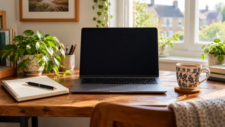Laptop, notebook and tea on a home desk