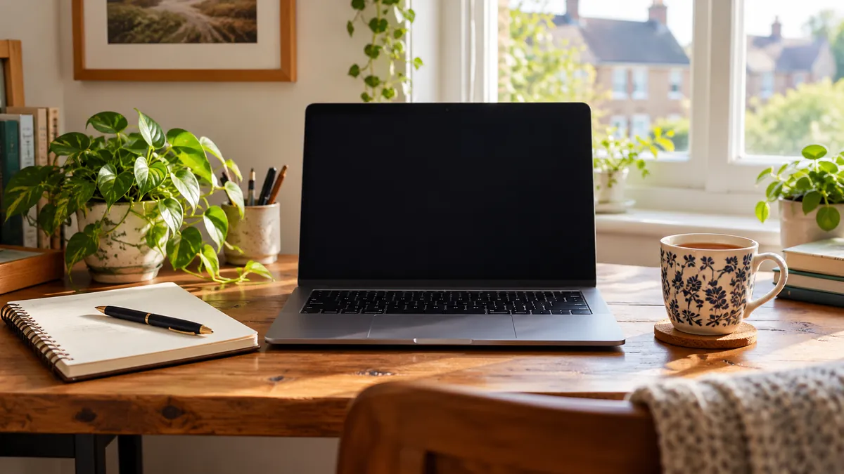 Laptop, notebook and tea on a home desk