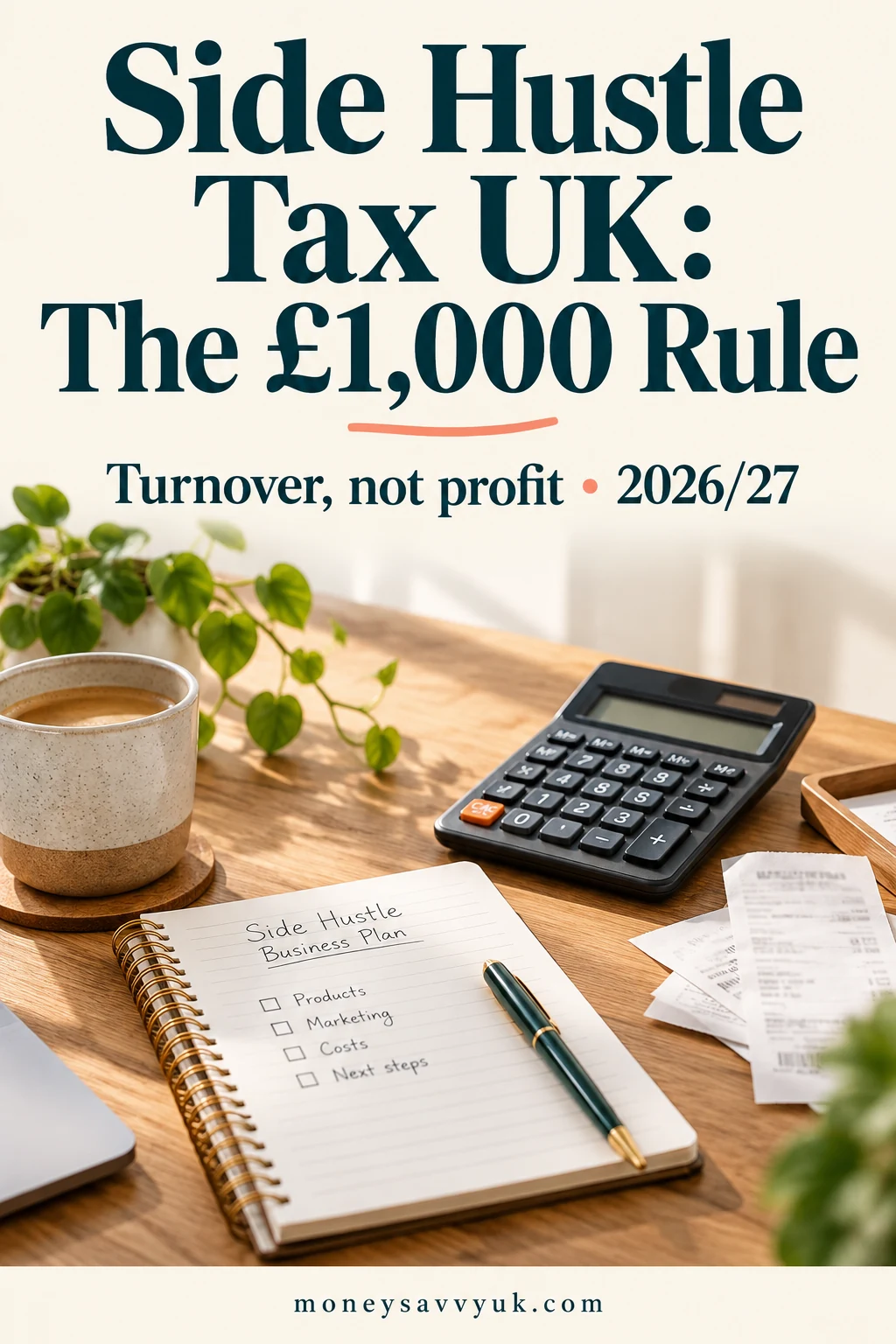 Side Hustle Tax UK: The £1,000 Trading Allowance (2026/27) — UK guide Pinterest graphic