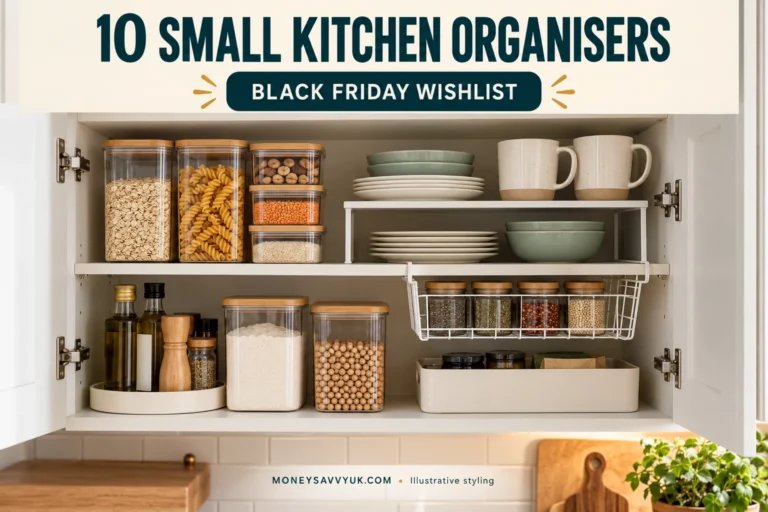 Small kitchen cupboard organised with shelf risers, clear containers and an under-shelf basket; AI-generated illustrative styling
