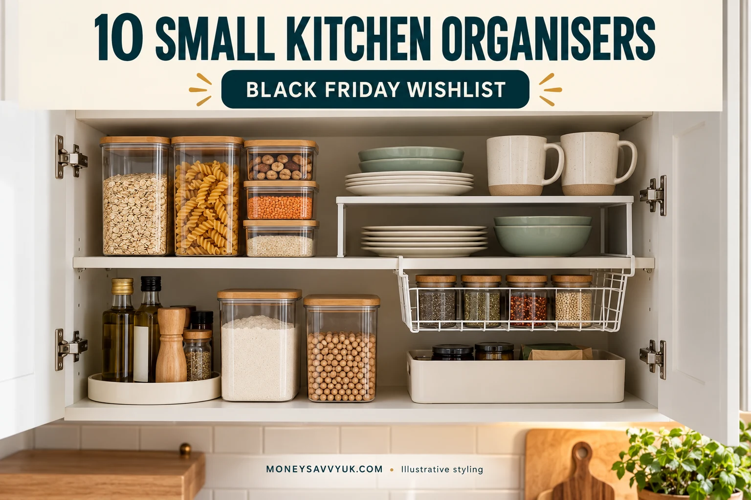 Small kitchen cupboard organised with shelf risers, clear containers and an under-shelf basket; AI-generated illustrative styling