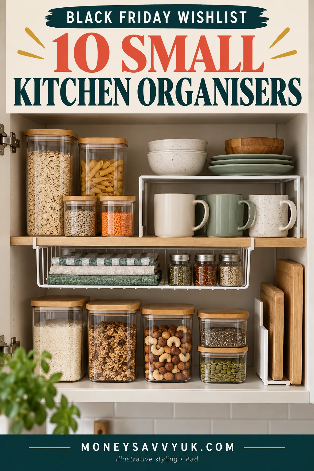 Small kitchen cupboard organised with shelf risers, clear containers and an under-shelf basket — Pinterest pin; AI-generated illustrative styling