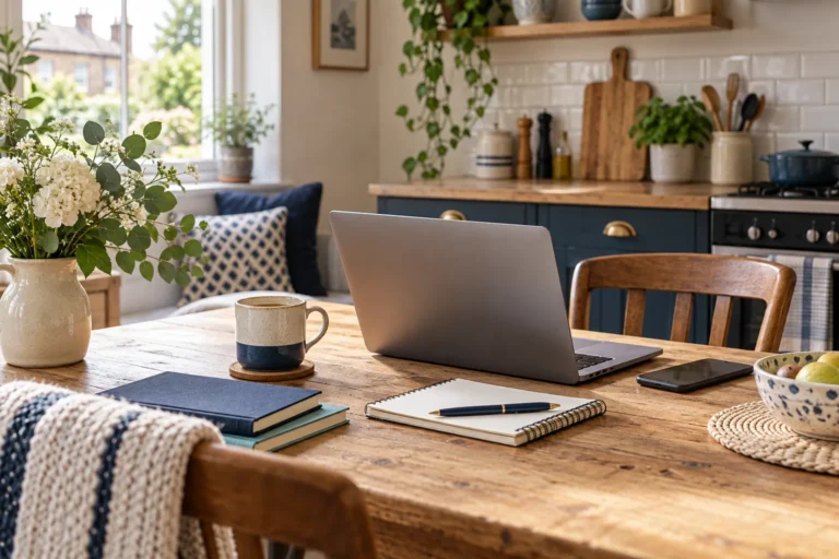 Laptop and notebook illustrating how to start a blog UK on a budget