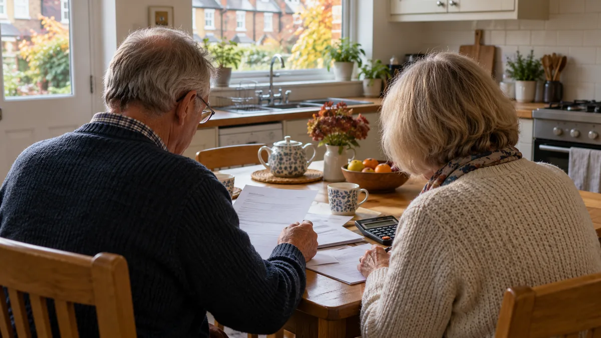 Retired couple reviewing household finances for the State Pension increase 2027 UK guide