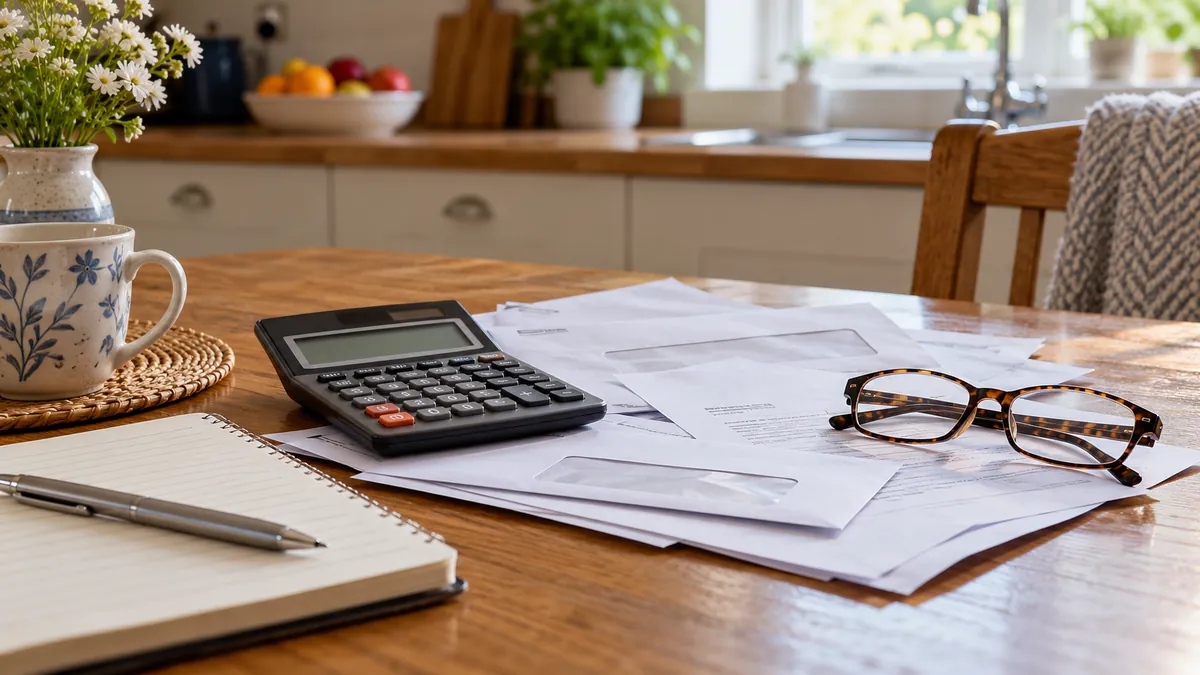 Tax paperwork, calculator and reading glasses