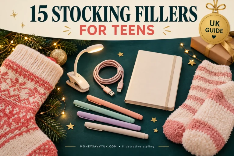 Teen stocking filler ideas including a book light, charging cable, sketchbook and fluffy socks; AI-generated illustrative styling