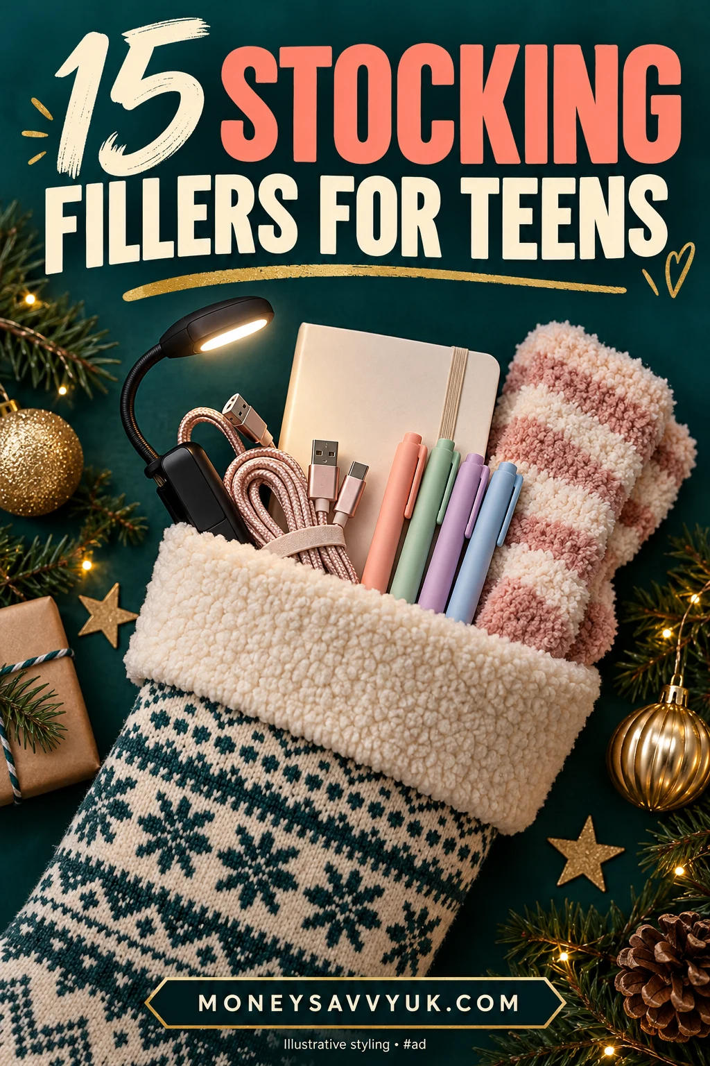 Teen stocking filler ideas including a book light, charging cable, sketchbook and fluffy socks — Pinterest pin; AI-generated illustrative styling