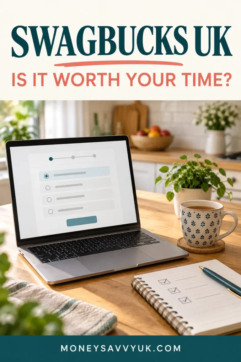 Laptop survey and notebook for the Swagbucks UK rewards guide.