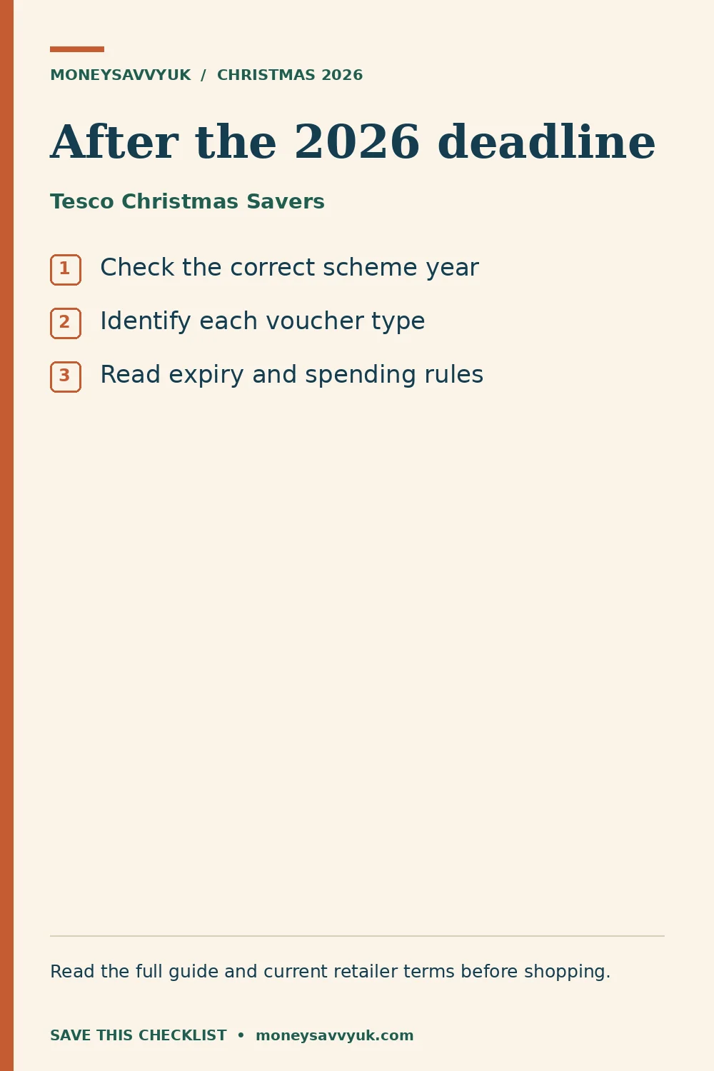 Tesco Christmas Savers: Check the correct scheme year; Identify each voucher type; Read expiry and spending rules