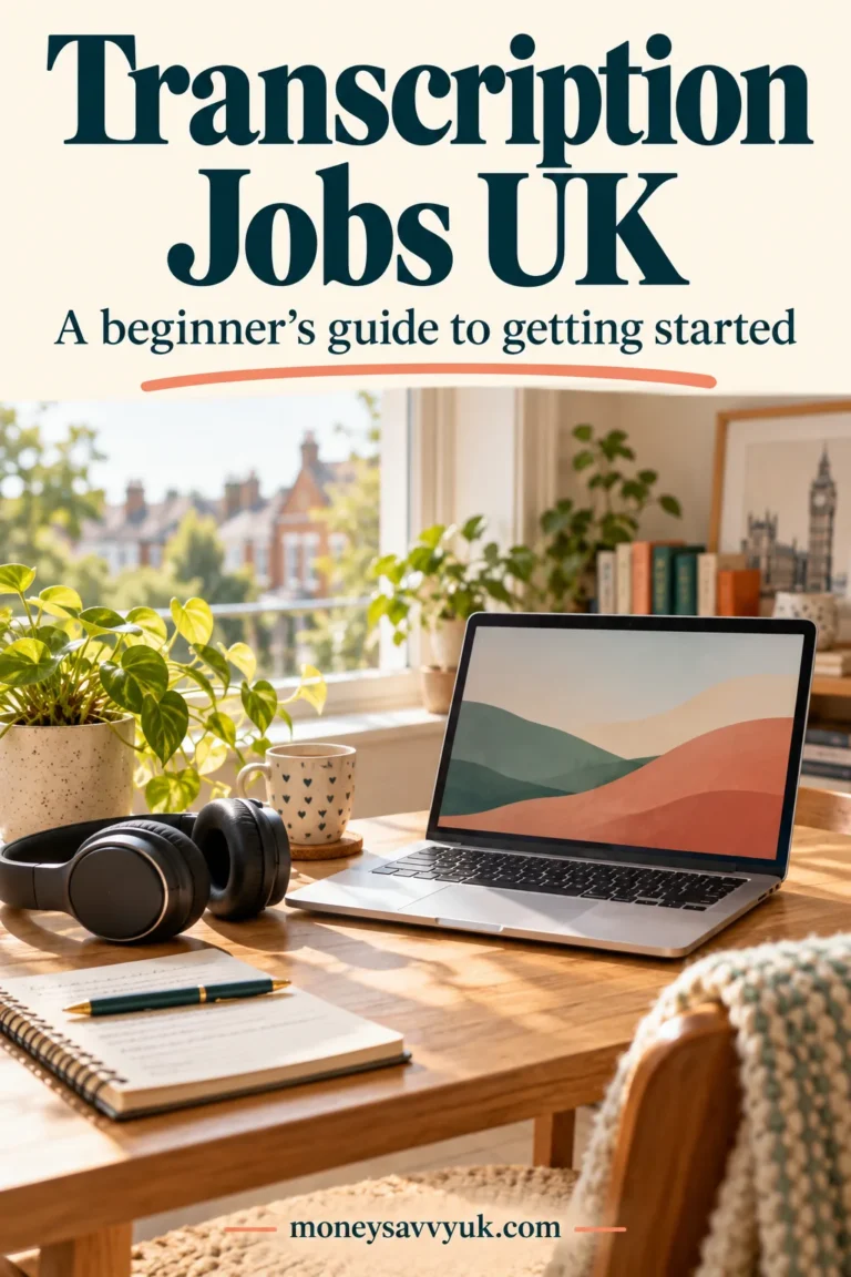 Transcription jobs UK beginner guide, with headphones and a laptop at a bright home desk.