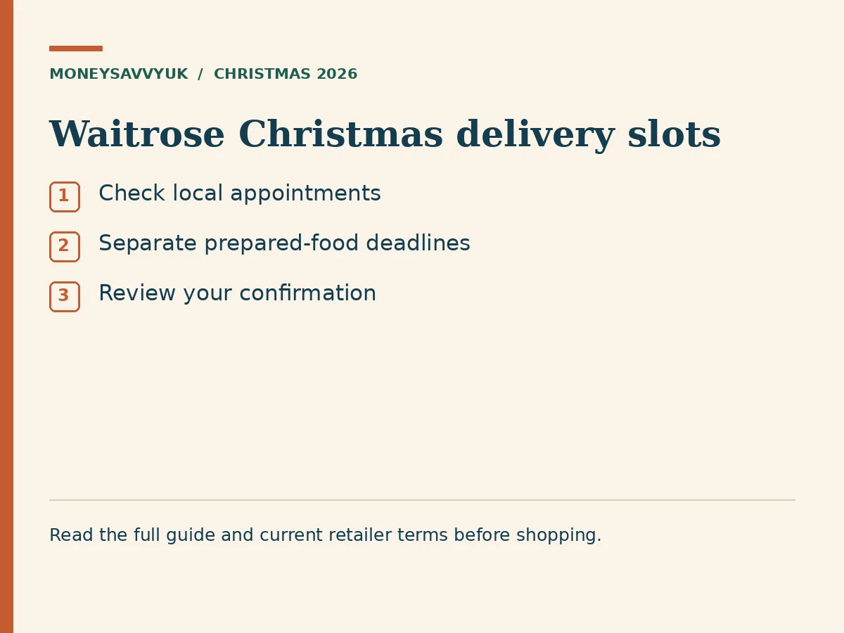 Waitrose Christmas delivery slots: Check local appointments; Separate prepared-food deadlines; Review your confirmation
