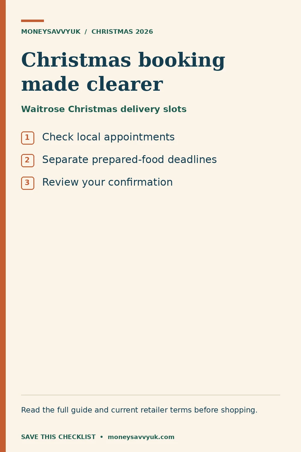 Waitrose Christmas delivery slots: Check local appointments; Separate prepared-food deadlines; Review your confirmation