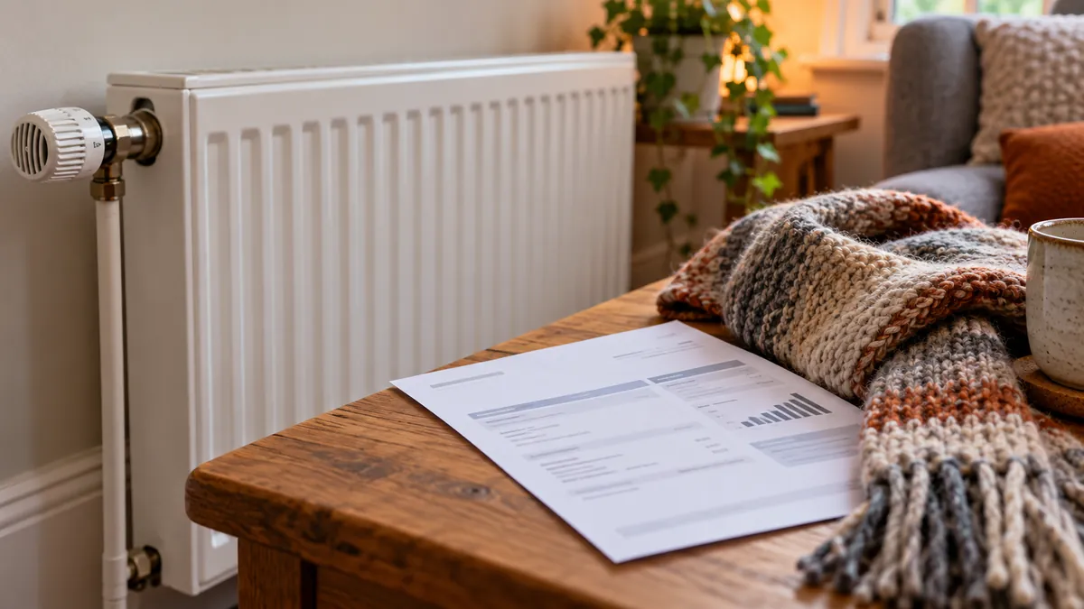 Radiator beside household energy paperwork